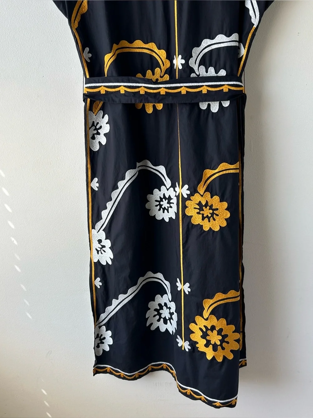 Tory Burch Embroidered Cotton Poplin Caftan Midi Dress Floral Black Gold White M